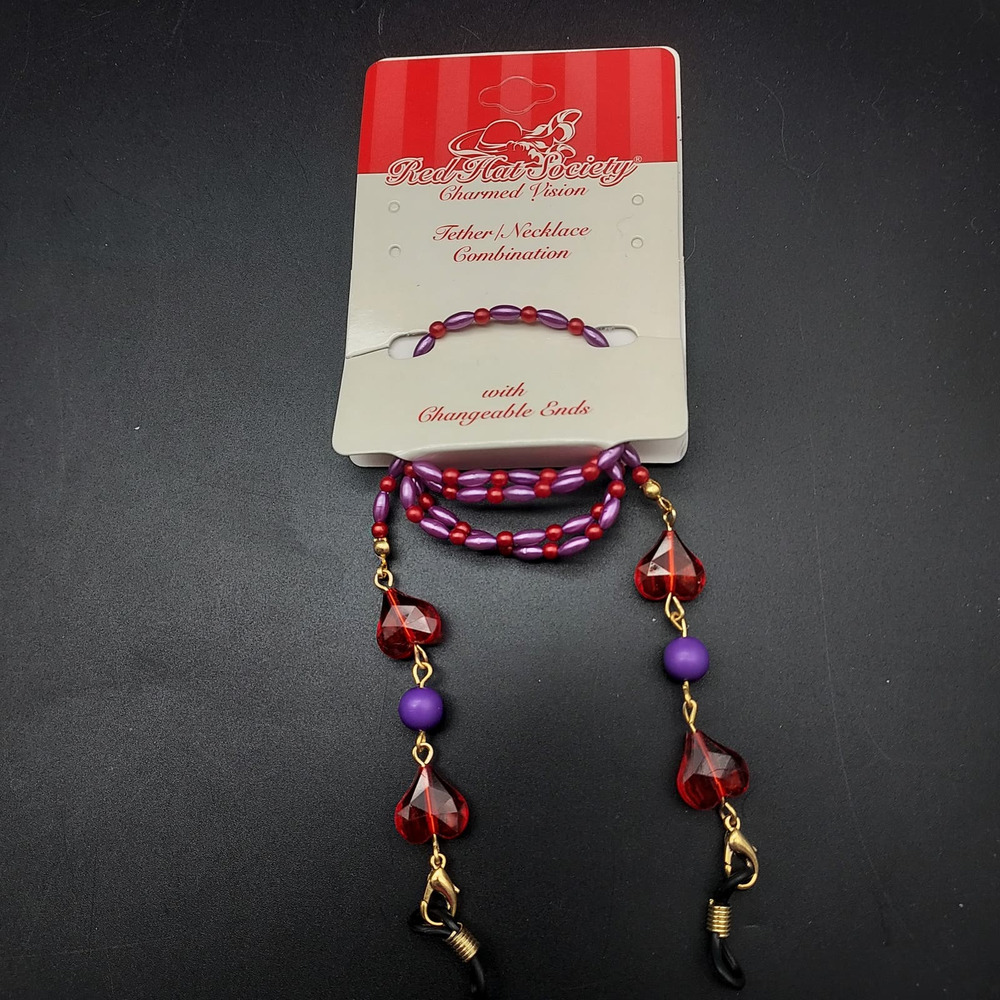 Red Hat Society EyeGlass Chains Purple Red Heartโ Charms Faux Pearl NOS